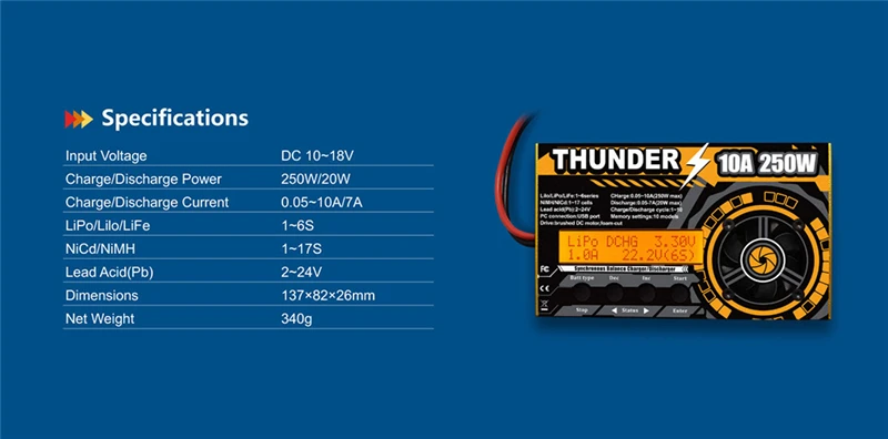 Новые поступления HOTA Thunder 250 Вт 10А DC баланс зарядное устройство Dis зарядное устройство для LiPo NiCd PB батареи