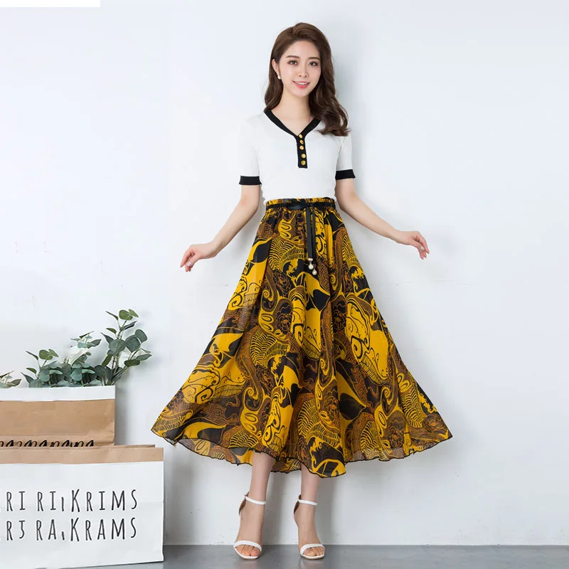 Women Skirts Long A Line Summer 2019 New High Waist Elastic Ladies Chiffon Skirt Vintage Female Clothing Summer Midi Women Skirt