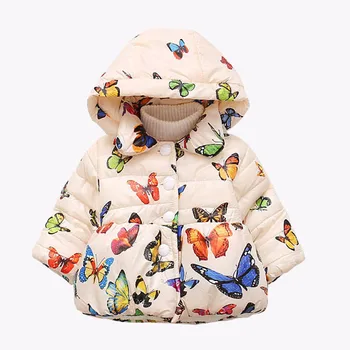 

Cute Butterfly Print Hooded Down Jacket For Girls Winter Girls Clothes Warm Baby Girl Cotton Padded Coat Outerwear Kids Clothes