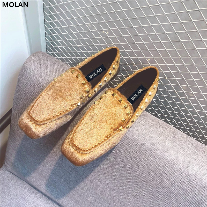 

MOLAN Brand Designers 2018 New Fashion Black Brown Rivet Horsehair Woman Flats Shoes Comfortable Square Toe Slip On Loafers
