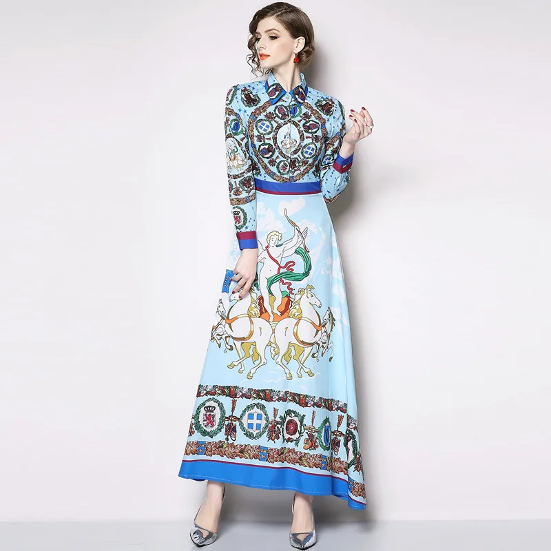 

ARiby 2019 Spring New Women's Dress Lapel Vintage Print Long-sleeved A-Line Button Turn-down Collar Ankle-Length Long Dress