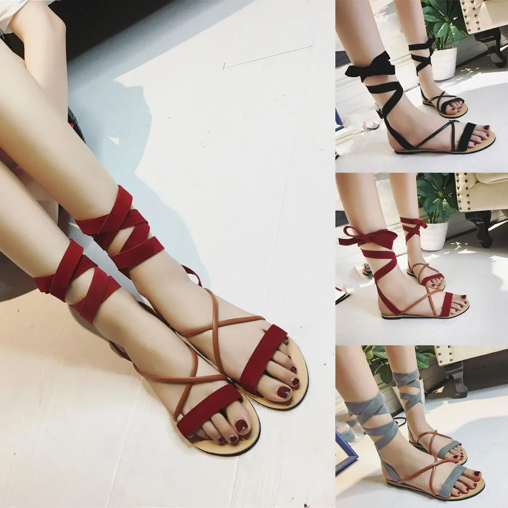 

YOUYEDIAN shoes woman brand luxury summer sandals Women Peep-Toe Roman Beach Sandals Bohemian Cross Leather Strap Flats Shoes#g4