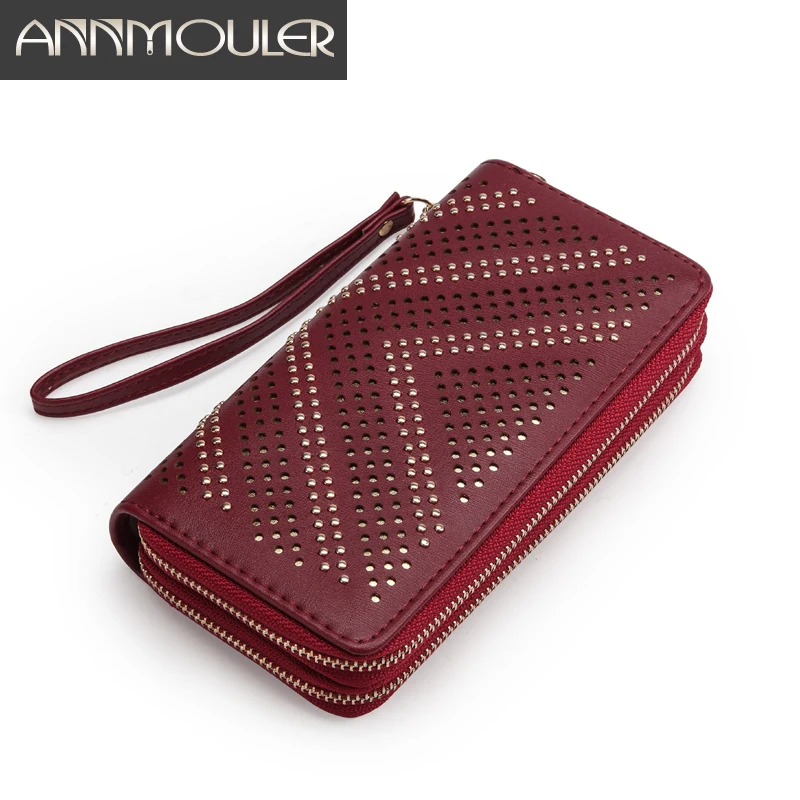 

Annmouler Large Capacity Women Wallet Pu Leather Double Zipper Purse Rivet Money Clip Brown Wrist Clutch Bag Phone Pouch