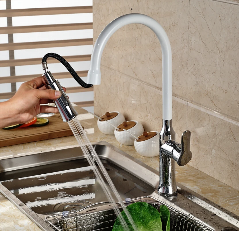 

Deck Mount Pull Out Dual Functions Sprayer Head Kitchen Faucet White Chrome Finished Hot Cold Water Taps