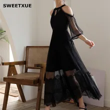 SWEETXUE, черное Тюлевое Прозрачное платье, летнее, сексуальное, с открытыми плечами, рукав-фонарик, кружевное, сшитое, плиссированное, элегантное, для вечеринок