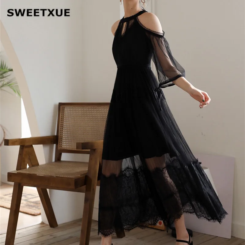 Черное Тюлевое Прозрачное платье SWEETXUE летние сексуальные элегантные