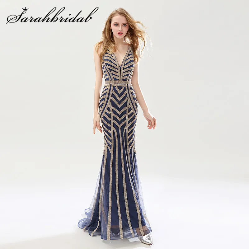 Mermaid Formal Evening Dresses Long Sexy V Neck Cap Sleeves Stunning Beading Crystals Backless Prom Party Gowns CC476