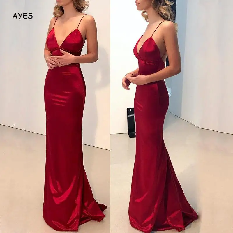 

Sexy Satin Party Dress Women Spaghetti Strap Sleeveless Maxi Robe Ladies Elegant Red Satin Long Bodycon Dress Mermaid Vestidos