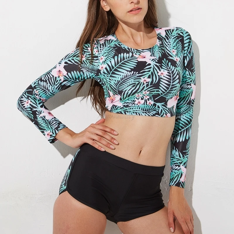 Aipbunny 2018 طويلة الأكمام الأوراق المطبوعة بيكيني الزهور biquini يومين قطع الدعاوى ملابس التزحلق المايوه