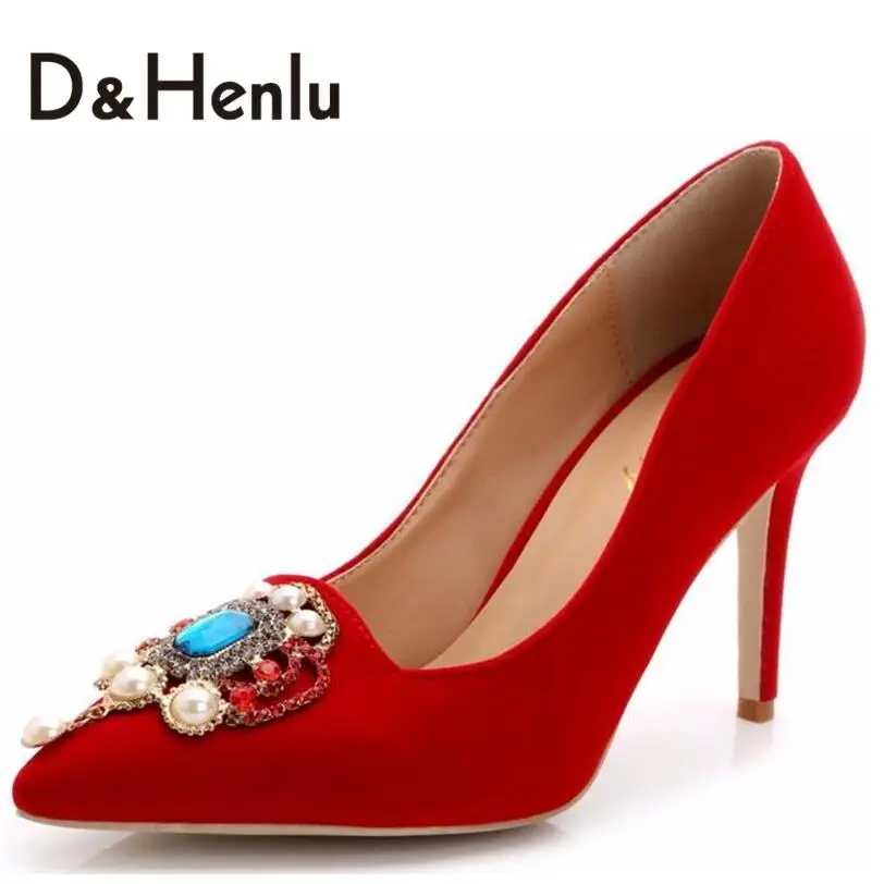 

{D&H}Big Size34-43  Noble Lady Flock Pumps Women Point Toe High Heels  Beautiful Gem Party Pumps Shoes Woman
