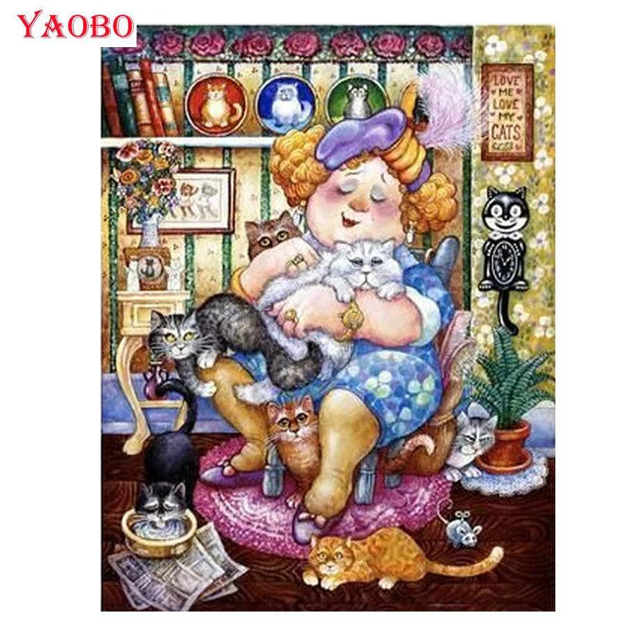 Полностью смоляная квадратная/круглая Алмазная картина &quotженщина и кот&quot