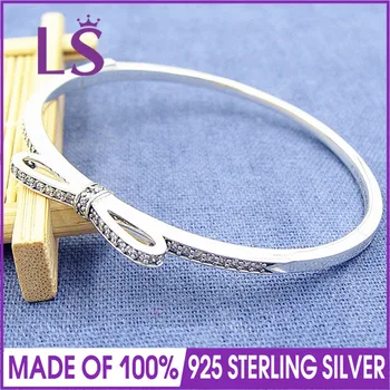 

LS High Quality Sparkling Bow Bangle 925 Sterling Silver Jewelry Charm Bracelets & Bangles for Women Fashion DIY Jewelry W