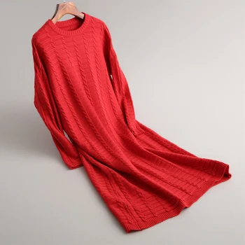 

women knitted dress casual loose solid color round neck long-sleeved knit loose dress