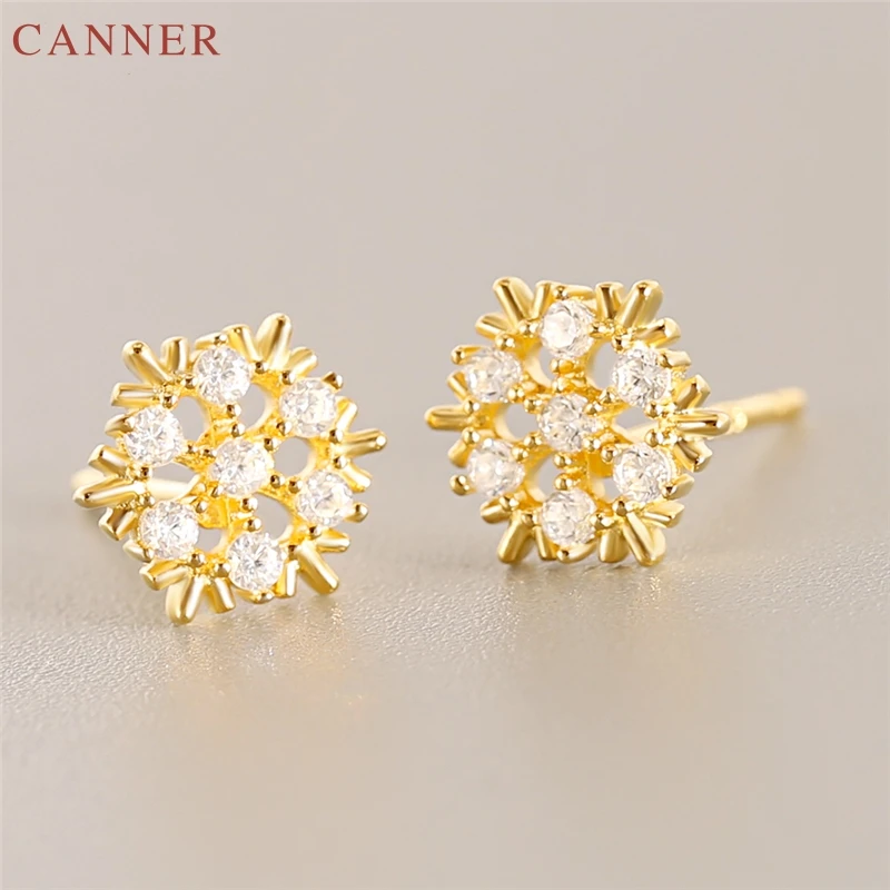 Gold Color Zircon Snowflake Stud Earrings for Women 925 Sterling Silver Jewelry Gifts boucles d oreille femme C35
