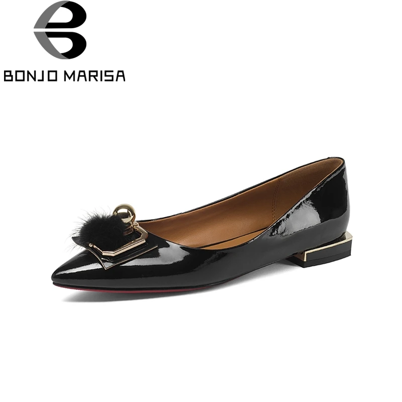 

BONJOMARISA Brand New Genuine Leather slip-on Metal Decoration Solid Shallow Shoes Woman Casual Spring Flats Big Size 33-43