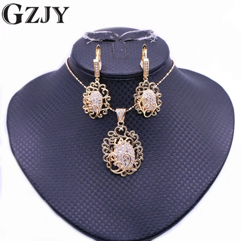 

GZJY Fashion Pendant Necklace Earrings Zircon Champagne Gold Color Jewelry Sets For Women Vintage Wedding Party Jewelry