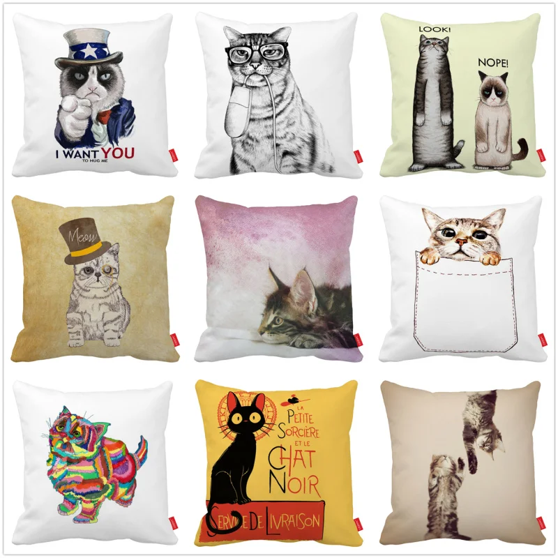 

Cartoon Cute Funny Bobtail Cat Art Print Decorative Throw Pillowcase Pillow Case Cushion Cover Sofa Home Decor