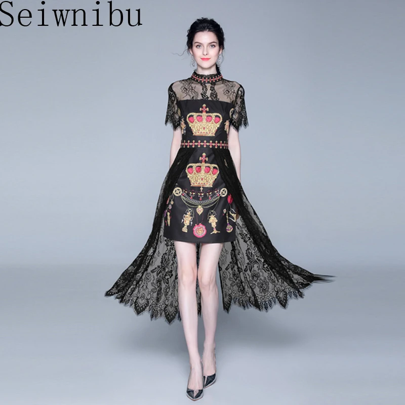 

Runway Designer 2019 Summer Women Luxury Crown Print Lace Patchwork Vintage Dress Elegant High-Low Short Sleeve Sexy Long Dress