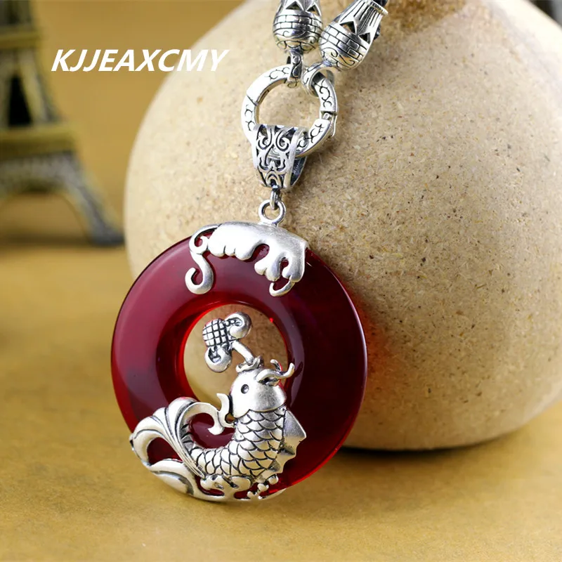

KJJEAXCMY Silver Black Agate chalcedony garnet Ruby Pendant retro exaggerated large female models simple sweater