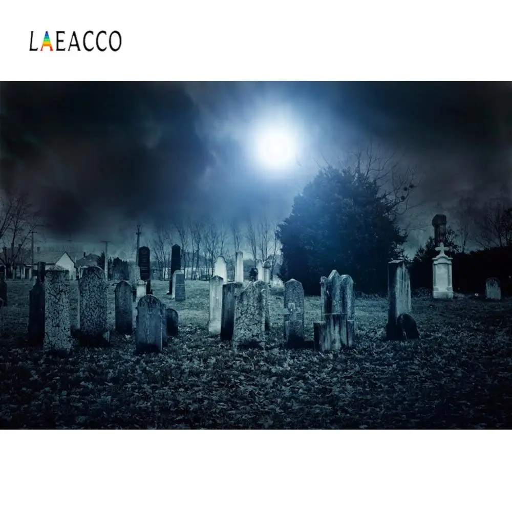 Laeacco Halloween Moon Dark Cemetery Tombstone Forest Photography Backgrounds Customized Photographic Backdrops For Photo Studio