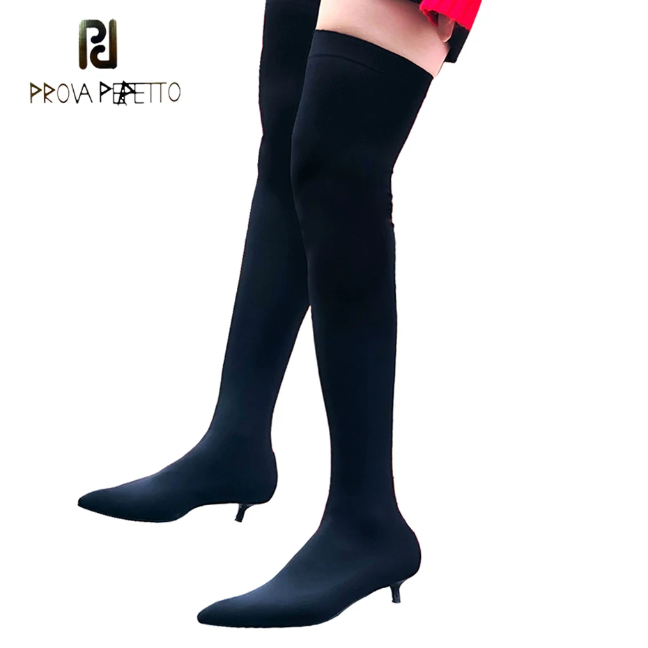 

Prova Perfetto women sock boots 2019 spring new stretch fabric thigh high boot pointed toe kitten heel knee high boots for women