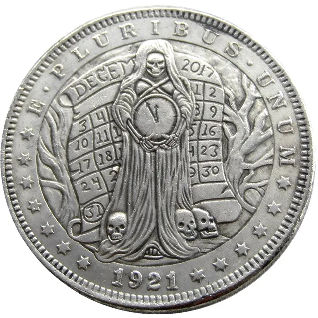 Special Offers HB(17) US 1921 P-CC-S-O Morgan Dollar With A Woman And Clock skull zombie skeleton Hand Carved Silver Plated Copy Coins