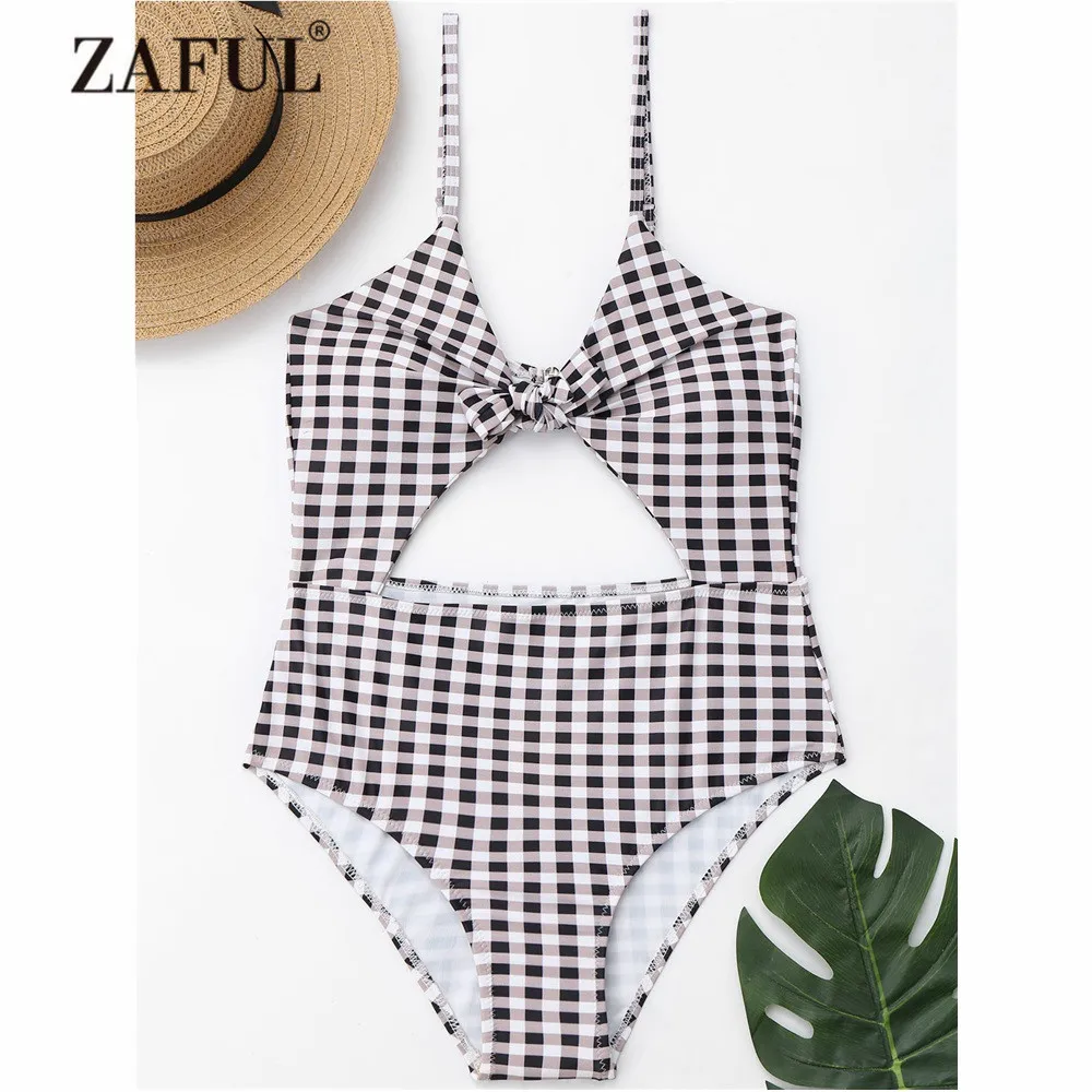 

ZAFUL One-Piece Cut Out Front Tied Plaid One Piece Swimwear Women High Cut Women Bowknot Swimsuit Spaghetti Straps Bathing Suit