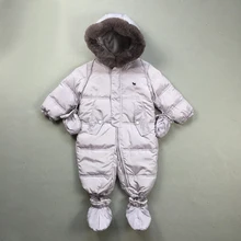 2016 new winter infant boys girls baby snowsuit outfits real raccoon fur collar hooded thermal toddler jumpsuits snow wear