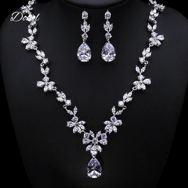 Dokol Fashion Fairy Jewelry Sets For Wedding Clear Pear Shape Cubic Dokol Fashion Fairy Jewelry Sets For Wedding Clear Pear Shape Cubic Zirconia Earrings Necklace Set Parure