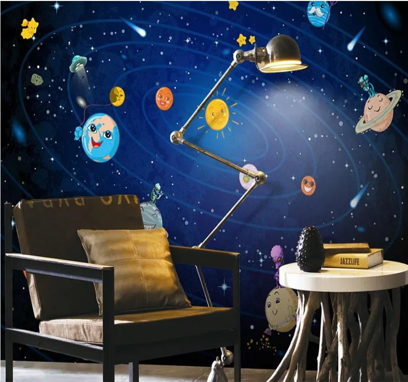 Custom wallpaper Nordic hand-painted space planet children's room sofa TV background wall decoration waterproof material Custom wallpaper Nordic hand-painted space planet children's room sofa TV background wall decoration waterproof material