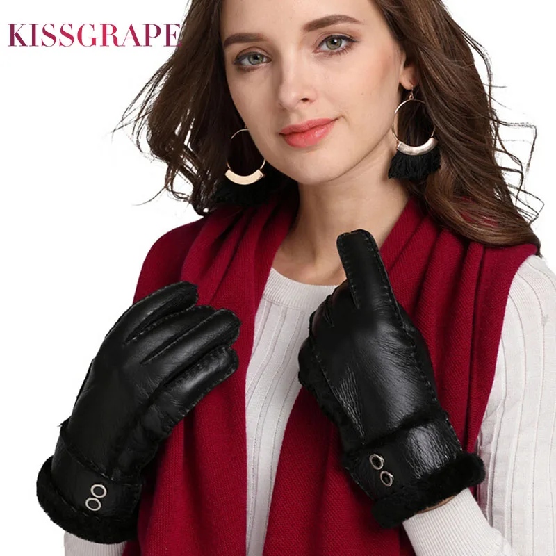 Brand New Women Genuine Leather Gloves Female Outdoor Winter Super Warm Mittens Ladies Real Sheepskin Fur Gloves Solid Wool