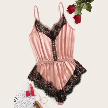 

Women Lace Stain Bow Lingerie Bodysuit Backless Pajamas Silk Jumpsuit Sleepwear