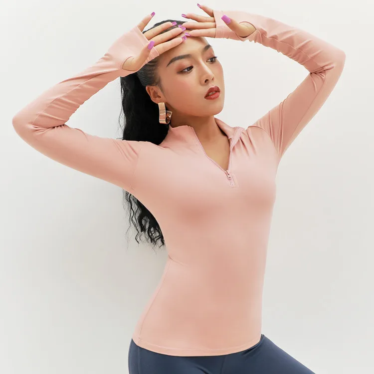 

Zipper Sports Yoga Shirt Women Long Sleeve Stand Collar Tights Quick-drying Gym Running Fitness Shirts with Thumb Hole