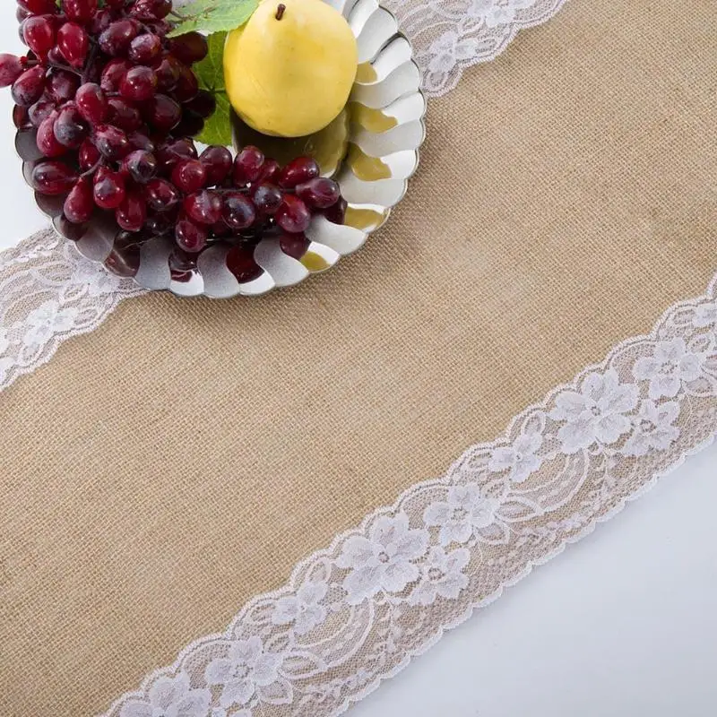 

Vintage Burlap Lace HessianJute Linen Retro Table Runner Natural Jute Country Dinning Room Restaurant Table Party Wedding Decor