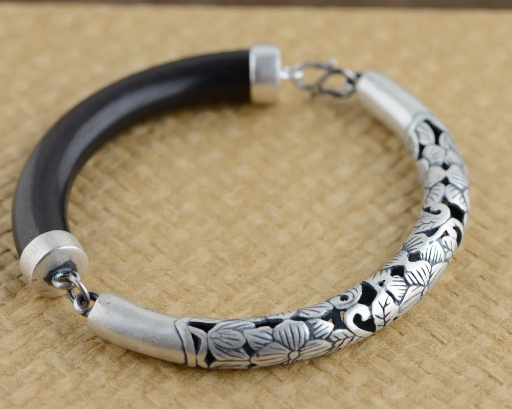 Sterling Silver Bracelet S925 sterling silver jewelry inlaid ebony