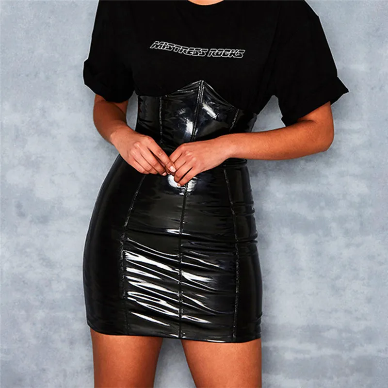 

2019 black Solid Polyester Pencil Skirt Fashion High Waist Leather Paint Women Skirt Slim Skinny Sexy ladies for party club