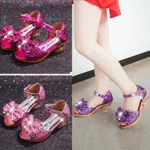

Summer Bling Bling Children's Girls Princess Shoes Kids bowknot Sequined baby Girl's high heel Shoes For Party and wedding 4-15T