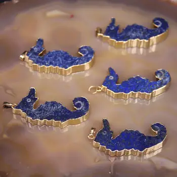 

New!! 5pcs Natural Lapis lazuli Sea Horse Shape Pendants,Gold Edged Blue Lapis Slab Slice Nugget Charms Necklace Jewelry