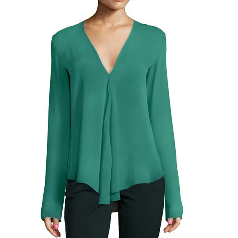 TTOU Осенняя винтажная женская шифоновая блузка с v-образным вырезом, рубашка с длинным рукавом, Женская туника, Повседневная Блузка размера плюс, Женские повседневные топы 6XL - Цвет: Green