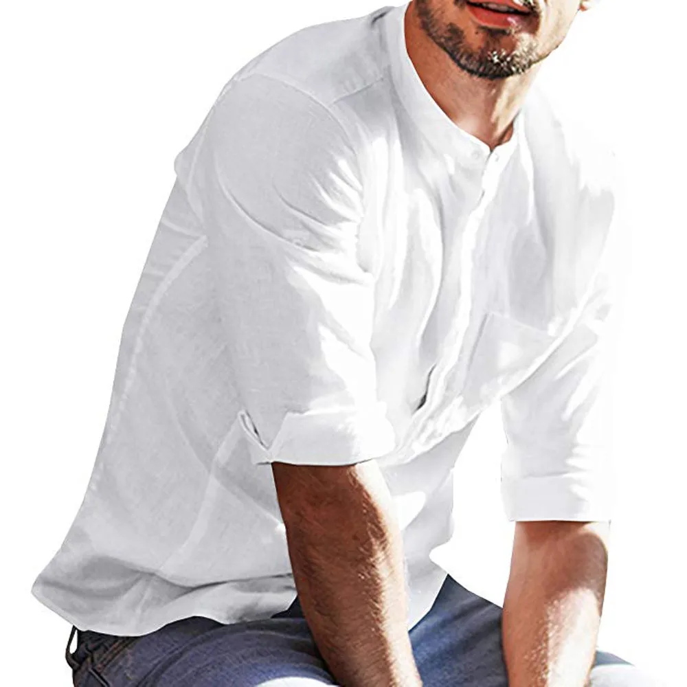Льняная мужская рубашка с длинным рукавом, повседневная мужская рубашка, летняя Хлопковая мужская рубашка с длинным рукавом, одноцветная рубашка с воротником W413