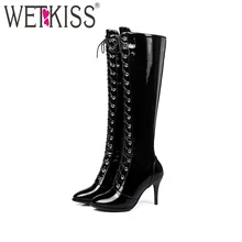 WETKISS/ г. новые зимние женские сапоги до колена из лакированной искусственной кожи с перекрестной шнуровкой женские сапоги на высоком каблуке-шпильке на молнии 31-45