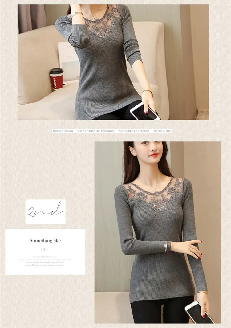 Personality Diamonds Sweater Women Sexy Lace Mesh Patchwrok Sweater Autumn Casual O-neck Knitted Sweaters And Pullovers 2019 (7)
