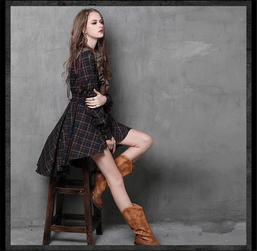 Vintage Autumn Elegant Plaid Women Dress Tunic 90% Cotton Dress Women Long Sleeve Ruffles Vestidos Femininos Vintage Dresses (5)