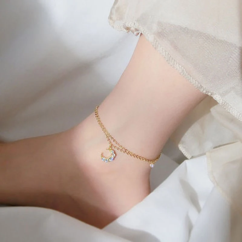 Qevila Bohemian Anklets on the leg Summerbeach 100% 925 Sterling Silver with gold Zircon Moon Multi-layer leg bracelet for women (2)