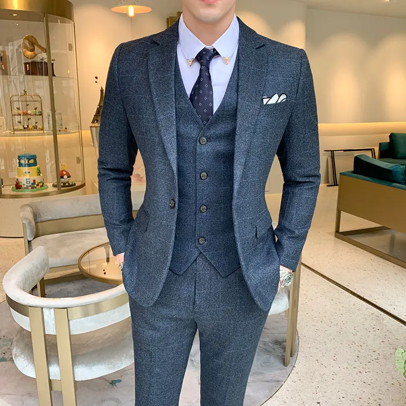 

(Jackets+Vest+Pants)2019 Men pure cotton BLAZERS Autumn Thick Slim Plaid Wedding business Dress Tuxedos Three-piece suits S-5XL