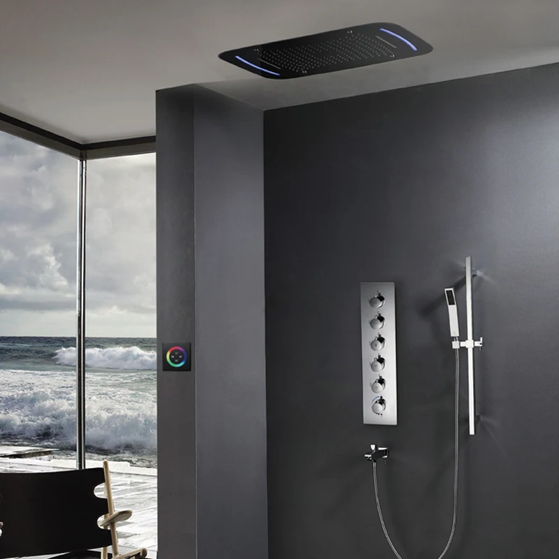 Bathroom Shower Set Thermostatic Mixer Shower Faucets LED Ceiling Rainfall Showerhead Misty Rain Shower Waterfall With Slide Bar