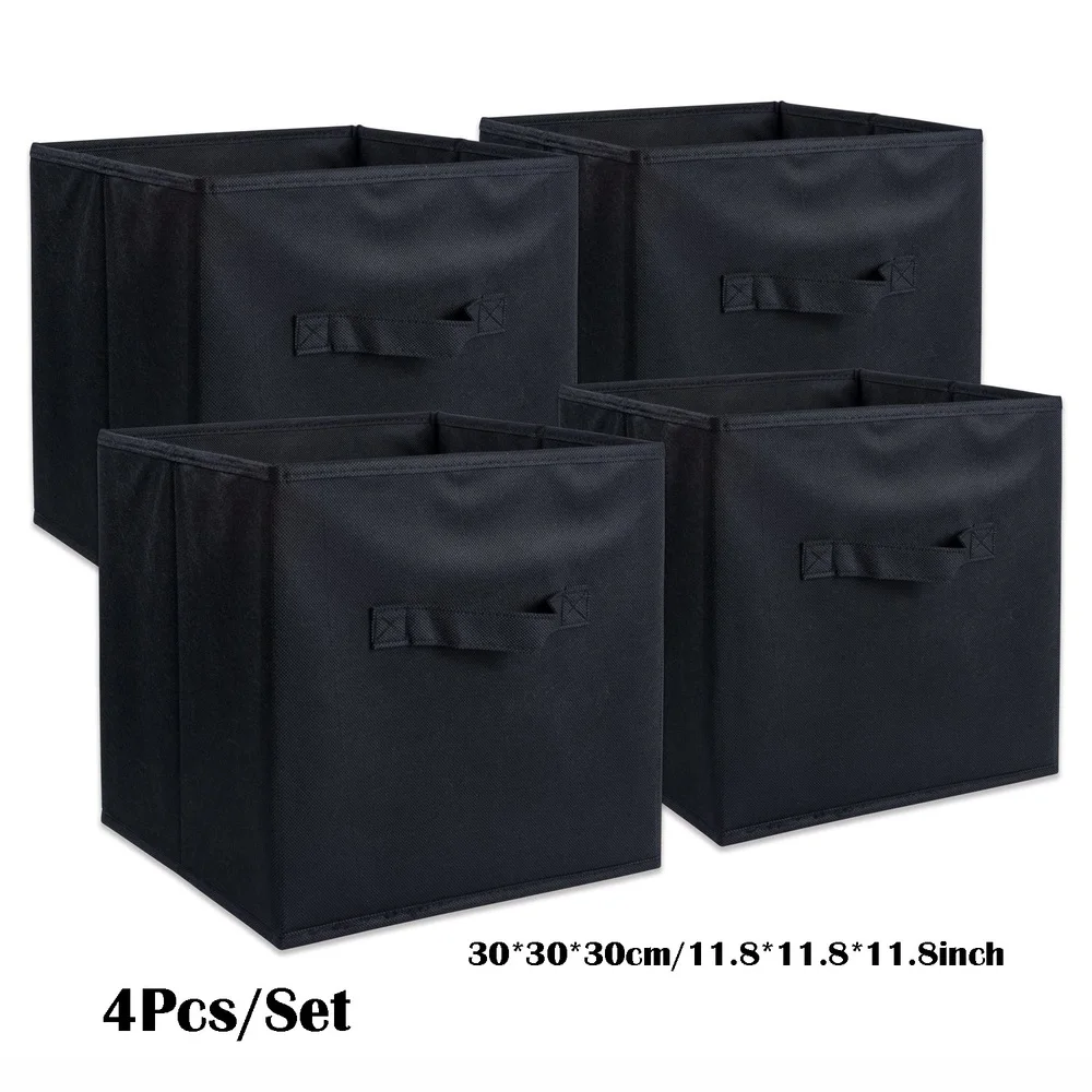 

4Pcs/set Black Foldable Fabric Basket Bin Collapsible Storage Bags Box Cube Boxes Non Woven 30*30*30cm