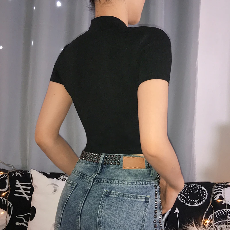 discount  Sweetown Black Short Sleeve Moto & Biker Coats And Jackets Women Active Wear Printed Slim Sexy Crop