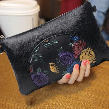 

National Style Genuine Leather Women Clutch Wallet Creative Pattern Soft Top Leather Small Shoulder Crossbody Bags Vintage Purse
