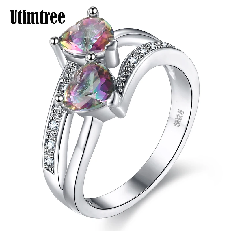 

Utimtree Rainbow Heart Crystal 925 Silver Wedding Engagement Rings For Woman Bands Jewelry Clear Cubic Zircon Proposal Ring